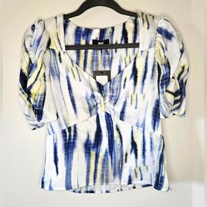 DKNY Women's Blue White Yellow Puff Sleeve Blouse, NWT, Size XS